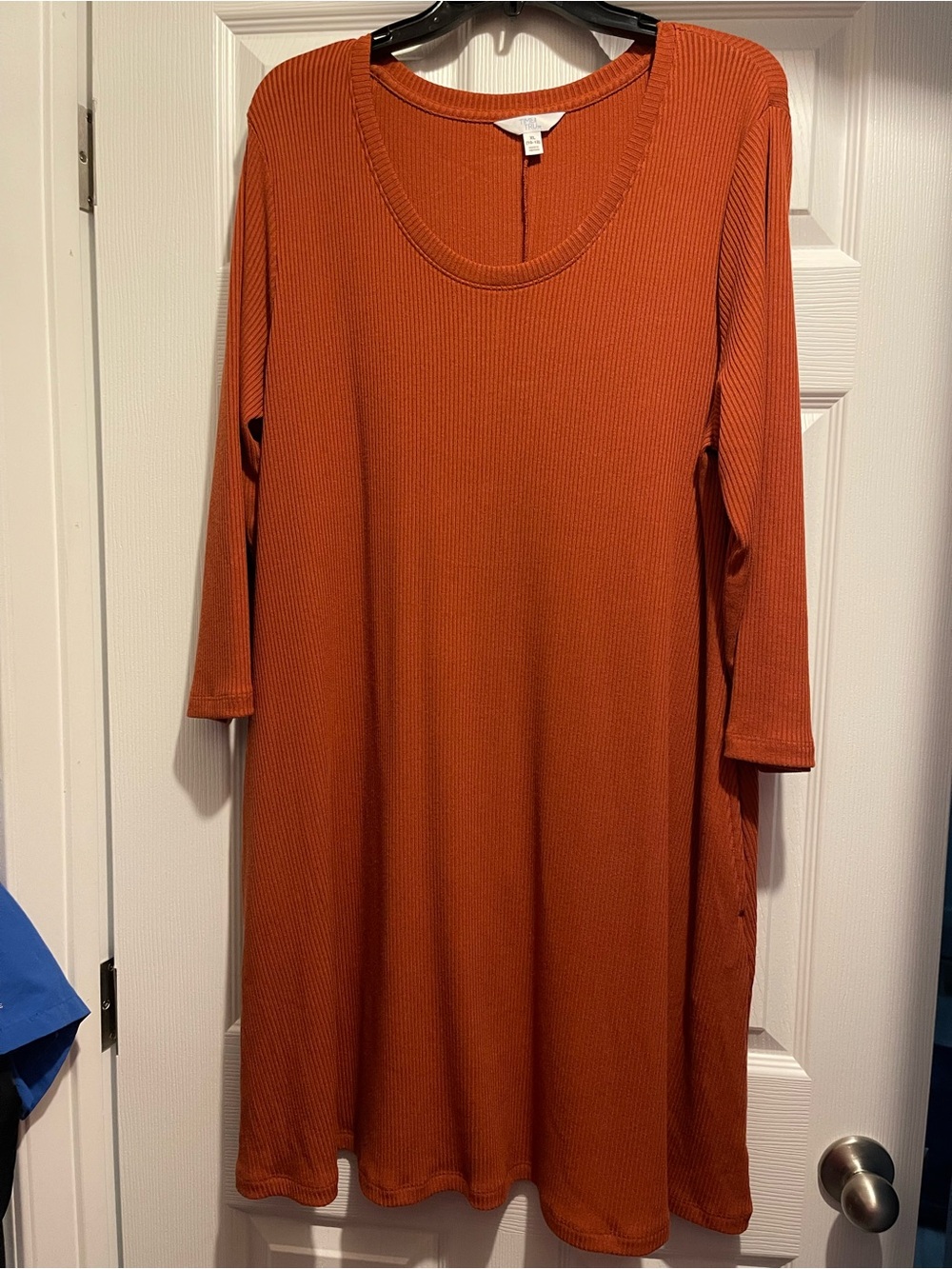 Time and Tru Long Sleeve Ribbed Scoop-Neck Dress in Rust Orange